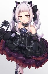 Rule 34 | 1girl, :3, absurdres, animal ear fluff, animal ears, arata (xin), bare shoulders, black bow, black dress, black footwear, black ribbon, blunt bangs, blush, bow, cat ears, cat girl, cat tail, choker, commentary, detached sleeves, dress, earrings, fang, frilled choker, frilled dress, frilled sleeves, frills, gothic lolita, grey hair, hair ribbon, halterneck, highres, hololive, jewelry, lolita fashion, long hair, long sleeves, looking at viewer, murasaki shion, murasaki shion (gothic lolita), official alternate costume, open mouth, pantyhose, puffy sleeves, ribbon, sidelocks, simple background, smile, solo, tail, tail bow, tail ornament, twintails, virtual youtuber, yellow eyes