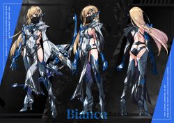 Rule 34 | 1girl, absurdres, ass, bianca (punishing: gray raven), blonde hair, boots, bow (weapon), breasts, butt crack, character name, character sheet, covered navel, floating hair, from behind, head tilt, high heel boots, high heels, highres, holding, holding bow (weapon), holding weapon, long hair, mask, medium breasts, mouth mask, multiple views, paintedmike, punishing: gray raven, sideboob, standing, thigh boots, thighhighs, weapon, yellow eyes