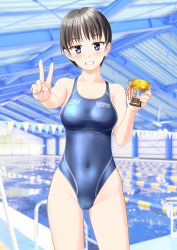 Rule 34 | 1girl, absurdres, black hair, black one-piece swimsuit, breasts, cameltoe, clothes writing, collarbone, commentary request, competition swimsuit, contrapposto, covered navel, cowboy shot, grin, highres, holding, holding trophy, indoors, medium breasts, one-piece swimsuit, original, pool, purple eyes, short hair, smile, solo, string of flags, swimsuit, takafumi, trophy, v