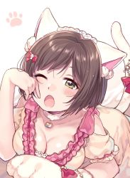 Rule 34 | 1girl, ;o, animal ears, animal hands, blush, bow, breasts, brown hair, cat ears, choker, cleavage, clothing cutout, fang, frilled sleeves, frills, gem, gloves, green eyes, hair bobbles, hair bow, hair ornament, highres, idolmaster, idolmaster cinderella girls, jewelry, lying, m/, maekawa miku, medium breasts, on stomach, one eye closed, open mouth, paw gloves, paw print, pearl (gemstone), rojiko, short hair, shoulder cutout, single glove, solo, tail, tail bow, tail ornament