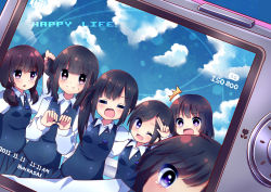 Rule 34 | 10s, 2011, 6+girls, :&lt;, ;d, = =, blurry, camera, cloud, dated, day, depth of field, dutch angle, english text, multiple girls, name tag, one eye closed, open mouth, school uniform, short hair, short twintails, side ponytail, sky, smile, ^^^, sweatdrop, triangle mouth, twintails, urara (sumairuclover), viewfinder, wink