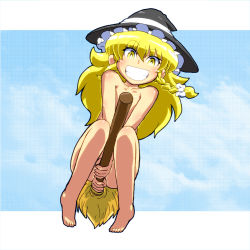 Rule 34 | 1girl, between legs, blonde hair, blue sky, braid, broom, broom riding, censored, censored nipples, cloud, completely nude, convenient censoring, day, female focus, from below, gomi ichigo, grin, hair ribbon, hand between legs, hat, highres, kirisame marisa, long hair, nude, ribbon, sky, smile, solo, touhou, v arms, witch, witch hat, yellow eyes