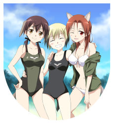 Rule 34 | 3girls, agahari, animal ears, bad id, bad pixiv id, bikini, breasts, brown eyes, brown hair, casual one-piece swimsuit, cleavage, closed eyes, collarbone, dog ears, dog tail, erica hartmann, front-tie top, gertrud barkhorn, grin, hair ribbon, hand on own hip, hand on shoulder, hip focus, jacket, medium breasts, minna-dietlinde wilcke, multicolored hair, multiple girls, navel, off shoulder, one-piece swimsuit, one eye closed, red eyes, red hair, ribbon, side-tie bikini bottom, smile, strike witches, swimsuit, tail, twintails, two-tone hair, wink, world witches series