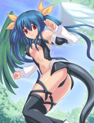 Rule 34 | 1girl, arc system works, asymmetrical wings, blue hair, bow, breasts, dizzy (guilty gear), guilty gear, hair bow, kaizeru, ribbon, small breasts, solo, tail, thighhighs, underboob, wings