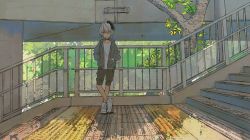 Rule 34 | 1girl, androgynous, black shorts, collar, commentary, expressionless, flower (vocaloid), handrail, hands in pockets, hood, hooded jacket, jacket, kyuufu, leaf, leaning back, multicolored hair, outdoors, pedestrian bridge, scenery, shirt, shoes, short hair, shorts, sneakers, stairs, standing, streaked hair, tactile paving, tree, urban, flower (vocaloid4), vocaloid, white hair, white shirt, wide shot