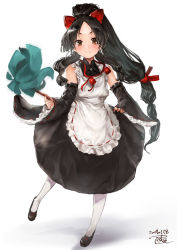 Rule 34 | 1girl, :3, alternate costume, apron, bare shoulders, black dress, black footwear, black hair, blush, brown eyes, closed mouth, commentary request, detached sleeves, dress, duster, enmaided, frilled apron, frilled sleeves, frills, full body, hair ribbon, highres, holding, kantai collection, loafers, long hair, long sleeves, looking at viewer, maid, maid apron, nisshin (kancolle), parted bangs, ponytail, red neckwear, red ribbon, ribbon, ribbon-trimmed sleeves, ribbon trim, shadow, shoes, signature, simple background, sleeves past wrists, smile, solo, standing, standing on one leg, toka (marchlizard), v-shaped eyebrows, very long hair, white apron, white background, white legwear, wide sleeves