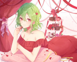 Rule 34 | 1girl, alternate costume, bare shoulders, blush, braid, breasts, cake, candy, chocolate, chocolate heart, cleavage, collarbone, commentary, cowboy shot, cup, curtains, dress, drinking glass, flower, food, gradient background, green hair, hair between eyes, hair flower, hair ornament, hand up, heart, holding, holding food, kazami yuuka, konnyaku (yuukachan 51), looking at viewer, lying, macaron, medium breasts, off-shoulder dress, off shoulder, on stomach, petals, pillow, pink background, pink flower, red dress, red eyes, red flower, red ribbon, ribbon, rose petals, short hair, smile, solo, symbol-only commentary, tiered tray, touhou, white background, yellow ribbon