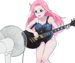 Rule 34 | 1girl, bandaid, bandaid on arm, bandaid on leg, blue eyes, blue one-piece swimsuit, bocchi the rock!, breasts, chagama teishoku, cube hair ornament, electric fan, electric guitar, gotoh hitori, guitar, hair ornament, highres, holding, holding instrument, instrument, large breasts, long hair, music, one-piece swimsuit, open mouth, pink hair, playing instrument, simple background, solo, standing, swimsuit, white background
