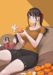 Rule 34 | 2girls, big sister (navigavi), black shorts, blush, bow, breasts, brown hair, closed mouth, collarbone, commentary, couch, expressionless, eyelashes, food, fruit, hair bow, highres, holding, jun (navigavi), large breasts, leaning on person, little sister (navigavi), mandarin orange, medium hair, multiple girls, nintendo switch, orange (fruit), orange eyes, orange peel, orange shirt, original, peeling, playing games, ponytail, red bow, red shirt, shirt, short hair, short shorts, short sleeves, shorts, siblings, sisters, sitting, symbol-only commentary, t-shirt, thighs, turtleneck