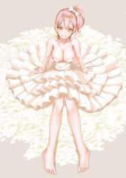 Rule 34 | 10s, 1girl, absurdres, barefoot, blurry, bow, breasts, cleavage, depth of field, dress, feet, hair bow, highres, idolmaster, idolmaster cinderella girls, jougasaki mika, long hair, looking at viewer, madarao 56, pink hair, ponytail, smile, solo, white dress, yellow eyes