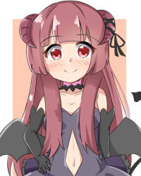 Rule 34 | 1girl, bare shoulders, black dress, black gloves, black wings, blush, brown background, brown hair, closed mouth, clothing cutout, collarbone, commentary request, demon girl, demon horns, demon tail, demon wings, dress, elbow gloves, frilled dress, frills, gloves, hanazono yurine, hand on own hip, highres, horns, jashin-chan dropkick, kapuru 0410, long hair, looking at viewer, low wings, navel, navel cutout, red eyes, smile, solo, strapless, strapless dress, tail, two-tone background, very long hair, white background, wings