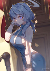 Rule 34 | 1girl, absurdres, ako (blue archive), ako (dress) (blue archive), bare shoulders, blue archive, blue dress, blue eyes, blue hair, blue halo, blurry, blurry background, blush, bracelet, breasts, cleavage, dress, halo, highres, horange, jewelry, large breasts, looking at viewer, official alternate costume, parted lips, pixiv id, sideless dress, sideless outfit, single handcuff, sleeveless, sleeveless dress, smile, solo, twitter username