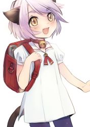 Rule 34 | 1boy, androgynous, animal ears, backpack, bag, bell, cat boy, cat ears, cat tail, collar, fang, male focus, neck bell, open mouth, original, purple hair, randoseru, ribbon, shota kimi, simple background, smile, solo, tail, trap, white background, yellow eyes
