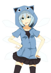 Rule 34 | 1girl, :p, alternate costume, animal hood, bad id, bad pixiv id, black thighhighs, blue eyes, blue hair, cat hood, cirno, contemporary, hands on own hips, hood, hoodie, ice (artist), ice (doragon), matching hair/eyes, short hair, skirt, solo, standing, thighhighs, tongue, tongue out, touhou, wings