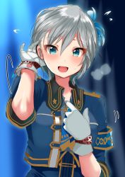 Rule 34 | 10s, 1girl, :d, anastasia (idolmaster), arm up, bad id, bad pixiv id, blue eyes, eyebrows, flying sweatdrops, gloves, hair between eyes, hair ornament, tucking hair, hand on own chest, highres, idolmaster, idolmaster cinderella girls, idolmaster cinderella girls starlight stage, jacket, looking at viewer, motion lines, open mouth, short hair, short sleeves, silver hair, smile, solo, star (symbol), steam, sweat, tarachine, upper body, white gloves
