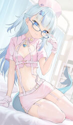 Rule 34 | 1girl, bed, blue eyes, blue hair, blunt bangs, bookshelf, breasts, chest strap, cleavage, cleavage cutout, clinic, clothing cutout, fins, fish tail, garter straps, gawr gura, glasses, gloves, hair ornament, hat, heart pendant, highres, hololive, hololive english, hospital bed, light blue hair, long hair, looking at viewer, midriff, miniskirt, multicolored hair, navel, nurse, nurse cap, pink gloves, pink shirt, pink skirt, pink thighhighs, ponytail, revealing clothes, seiza, shark girl, shark tail, sharp teeth, shirt, single sidelock, sitting, skirt, small breasts, smile, streaked hair, tail, takumi11, teeth, thighhighs, two-tone hair, virtual youtuber, window