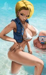 Rule 34 | 1boy, 1girl, absurdres, android 18, bald, beach, bikini, blonde hair, blue jacket, blush, breasts, cleavage, couple, dragon ball, dragon ball super, elite nappa, highres, jacket, jeans jacket, kuririn, large breasts, legs, looking at another, muscular, muscular male, ocean, short hair, swimming goggles, swimsuit, tagme, thick thighs, thighs, water