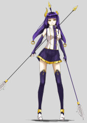 Rule 34 | 1girl, black thighhighs, broken horn, cloud kingdom, dual wielding, elbow gloves, fingerless gloves, full body, glaive (polearm), gloves, grey background, high collar, holding, horns, light smile, long hair, nail polish, original, pas (paxiti), pleated skirt, polearm, purple hair, simple background, skirt, sleeveless, slit pupils, solo, thighhighs, yellow eyes