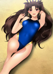 Rule 34 | 1girl, arm up, armpits, bare arms, bare legs, bare shoulders, black hair, blue one-piece swimsuit, blush, breasts, covered navel, earrings, fate/grand order, fate (series), happy, highres, ishtar (fate), jewelry, legs, long hair, looking at viewer, lying, medium breasts, one-piece swimsuit, open mouth, red eyes, sand, shiny clothes, shiny skin, smile, solo, swimsuit, thighs, tohsaka rin, twintails, yadokari genpachirou