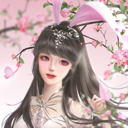 Rule 34 | 1girl, absurdres, animal ears, branch, brown hair, bug, butterfly, closed mouth, douluo dalu, flower, hand up, highres, insect, long hair, looking at viewer, pink background, pink eyes, ponytail, portrait, rabbit ears, solo, xiao wu (douluo dalu), xigua yeye 1981