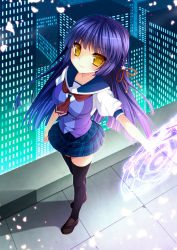 Rule 34 | 1girl, ascot, bad id, bad pixiv id, black thighhighs, blue hair, blue sailor collar, braid, breasts, building, city lights, cityscape, from above, full body, hair ribbon, hime cut, long hair, looking at viewer, magic circle, magical girl, medium breasts, minatsuki alumi, night, original, outdoors, outstretched arm, plaid, plaid skirt, pleated skirt, puffy short sleeves, puffy sleeves, red ascot, ribbon, sailor collar, school uniform, serafuku, short sleeves, side braid, single braid, skirt, skyscraper, solo, standing, thighhighs, very long hair, yellow eyes, zettai ryouiki