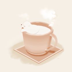 Rule 34 | bear, chai (drawingchisanne), closed eyes, cup, food, food focus, in food, milk, no humans, original, partially submerged, polar bear, signature, simple background, steam, teacup, tray, undersized animal