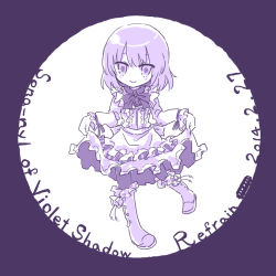 Rule 34 | 10s, 1girl, 2014, :&gt;, boots, bow, copyright name, curtsey, dated, frills, full body, knee boots, lily (shiei no sona-nyl), monochrome, no nose, oyassan, pantyhose, purple theme, shiei no sona-nyl, short hair, solo, steampunk (liarsoft)