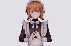 Rule 34 | 1girl, apron, blue eyes, bow, bowtie, brown hair, female focus, hair between eyes, highres, looking at viewer, maid, maid apron, maid headdress, mochiosamu ron, original, own hands together, short hair, solo, upper body, white bow, white bowtie