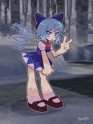 Rule 34 | 1girl, 3d background, absurdres, artist name, ascot, black footwear, blue bow, blue dress, blue eyes, blue hair, blush stickers, bow, bright pupils, chestnut mouth, cirno, commentary, derivative work, detached wings, dress, english commentary, forest, full body, hair bow, hand up, highres, hill, ice, ice wings, kemori, looking at viewer, mary janes, nature, open mouth, outdoors, outline, panty &amp; stocking with garterbelt, parody, pikmin (series), pikmin 2, puffy short sleeves, puffy sleeves, red ascot, shoes, short dress, short hair, short sleeves, snow, socks, solo, standing, style parody, touhou, tree, v, white pupils, wings, winter