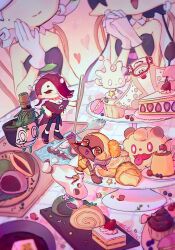 Rule 34 | 1boy, 4girls, :d, artist name, bare shoulders, big man (splatoon), black dress, black hair, black pants, blonde hair, bright pupils, cake, callie (splatoon), chest sarashi, closed mouth, clothing cutout, collar, colored eyelashes, commentary request, creatures (company), crop top, cropped shirt, cupcake, custard, dango, detached collar, dress, earrings, fangs, floating, food, fork, frye (splatoon), game freak, gen 6 pokemon, gen 8 pokemon, gen 9 pokemon, gloves, gradient hair, hachimaki, hand on own hip, harem pants, head out of frame, headband, heart, highres, holding, holding fork, holding knife, holding spoon, hoop earrings, inkling, jewelry, knife, long pointy ears, lqk jing jia, macaron, marie (splatoon), medium hair, midriff, milcery, mochi, multicolored hair, multiple girls, navel, nejiri hachimaki, nintendo, octoling, open mouth, own hands together, pants, pink eyes, plate, pointy ears, pokemon, pokemon (creature), pudding, purple hair, red eyes, sarashi, shawl, shirt, shiver (splatoon), sinistcha, sleeveless, sleeveless shirt, smile, sparkle, splatoon (series), splatoon 3, spoon, standing, standing on one leg, strapless, strapless dress, strawberry shortcake, swirlix, table, thick eyebrows, tooth earrings, twitter username, two-tone hair, wagashi, whipped cream, white collar, white gloves, white hair, white pants, white pupils, yellow eyes, yellow pupils, yellow shawl, yellow shirt