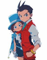 Rule 34 | 1boy, 1girl, :/, ace attorney, antenna hair, apollo justice, aqua gemstone, aqua necktie, arm at side, black dress, blue cape, blue eyes, blue headwear, blush, bracelet, brother and sister, brown eyes, brown hair, buttons, cape, closed mouth, collared shirt, cowboy shot, dot nose, dress, formal, gloves, grgrton, hand on own chest, hand on own hip, hat, jewelry, lapel pin, lapels, looking at viewer, necktie, pants, parted lips, red pants, red scarf, red suit, scarf, shirt, short dress, short hair, siblings, simple background, sleeves rolled up, strapless, strapless dress, suit, swept bangs, top hat, trucy wright, v-shaped eyebrows, white background, white gloves, white shirt