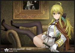 Rule 34 | 1girl, ahoge, black pantyhose, blonde hair, cape, copyright name, couch, dated, gloves, green eyes, high heels, highres, hoshii miki, idolmaster, idolmaster (classic), looking at viewer, makise minami, pantyhose, photo (object), picture frame, ponytail, smile, solo, sword, thighhighs, thighs, weapon