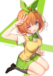 Rule 34 | 1girl, ;d, bison cangshu, black footwear, black socks, blue eyes, bow, bowtie, breasts, character name, collared shirt, from above, go-toubun no hanayome, green bow, green bowtie, green skirt, hair ribbon, hand up, highres, kneehighs, large breasts, loafers, looking at viewer, miniskirt, nakano yotsuba, one eye closed, open mouth, orange hair, pleated skirt, ribbon, school uniform, shirt, shoes, short hair, short sleeves, sitting, skirt, smile, socks, solo, sweater vest, text background, white shirt