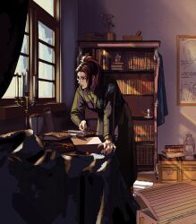 Rule 34 | 1other, aquiline nose, brown hair, coat, desk, eyepatch, feet out of frame, glasses, hange zoe, highres, indoors, leaning forward, looking ahead, looking outside, no5frontiers, other focus, ponytail, shingeki no kyojin, solo, sunlight, survey corps (emblem)