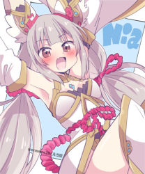 Rule 34 | 1girl, animal ears, breasts, cat ears, chest jewel, cleavage, detached sleeves, eromame, facial mark, highleg, highleg leotard, leotard, long hair, low twintails, medium breasts, nia (blade) (xenoblade), nia (xenoblade), signature, silver hair, solo, thighhighs, twintails, very long hair, xenoblade chronicles (series), xenoblade chronicles 2, yellow eyes