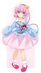 Rule 34 | 1girl, black hairband, blue shirt, buttons, closed mouth, collared shirt, eyeball, floral print, frilled shirt collar, frilled sleeves, frills, full body, hair ornament, hairband, heart, heart button, heart hair ornament, highres, komeiji satori, pink eyes, pink hair, pink skirt, rose print, rpameri, shirt, short hair, skirt, sleeves past fingers, sleeves past wrists, slippers, smile, socks, solo, third eye, touhou, white socks, wide sleeves