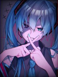 Rule 34 | 1girl, aqua eyes, aqua hair, commentary request, cross, fingernails, hair between eyes, hair ornament, hatsune miku, headphones, index fingers raised, kazuin suzumi, long hair, looking at viewer, microphone, red cross, scanlines, shirt, solo, twintails, vocaloid, x fingers