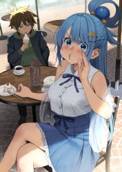 Rule 34 | 1boy, 1girl, absurdres, alternate costume, aqua (konosuba), black jacket, blue eyes, blue hair, blue nails, blue ribbon, blue skirt, blush, braid, breasts, brown hair, cafe, cake, cake slice, cheek bulge, closed eyes, closed mouth, coffee, commission, contemporary, crazy straw, crossed legs, cup, dated, day, dress, drinking straw, eating, fingernails, food, food on face, fork, frilled skirt, frills, green eyes, green hoodie, grey hair, hair between eyes, hair ornament, hairclip, hand up, hat, heart straw, high-waist skirt, highres, holding, holding food, holding ice cream, holding ice cream cone, hood, hoodie, ice cream, ice cream cone, izawa (bhive003), jacket, jacket over hoodie, kono subarashii sekai ni shukufuku wo!, large breasts, long hair, looking at viewer, nail polish, neck ribbon, official alternate costume, on chair, open mouth, outdoors, plate, ribbon, satou kazuma, shared drink, shirt, single hair ring, sitting, skirt, sleeveless, sleeveless shirt, stone floor, strawberry shortcake, sweatdrop, table, teacup, tongue, tongue out, very long hair, water, white shirt