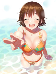 Rule 34 | 10s, 1girl, bad id, bad pixiv id, bikini, blush, breasts, brown hair, cleavage, closed eyes, foreshortening, from above, furururu, highres, honda mio, idolmaster, idolmaster cinderella girls, jewelry, medium breasts, navel, necklace, open mouth, short hair, smile, solo, standing, swimsuit, v, wading, wet