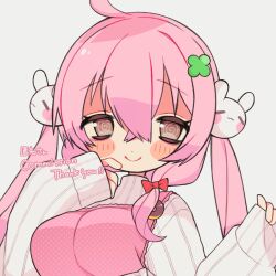 Rule 34 | 1girl, @ @, ahoge, apron, blush, bow, breasts, brown eyes, closed mouth, clover hair ornament, commission, cropped, hair between eyes, hair bow, hair ornament, highres, long hair, long sleeves, looking at viewer, medium breasts, mochi (na si), original, pink apron, pink hair, rabbit hair ornament, red bow, simple background, skeb commission, sleeves past wrists, smile, solo, sweater, two side up, upper body, watermark, white background, white sweater