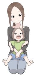 Rule 34 | 2girls, :d, absurdres, barefoot, black shirt, blue pants, blue shorts, brown eyes, brown hair, child, closed mouth, collarbone, commentary request, forehead, green shirt, head tilt, highres, hug, hug from behind, karakai jouzu no (moto) takagi-san, karakai jouzu no takagi-san, long hair, long sleeves, low ponytail, mother and daughter, multiple girls, nishikata chii, open mouth, pants, parted bangs, ponytail, seiza, shirt, short hair, short sleeves, shorts, simple background, sitting, sitting on lap, sitting on person, smile, soles, takagi-san, teeth, upper teeth only, white background, wide sleeves, yamamoto souichirou