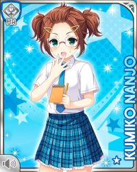 Rule 34 | 1girl, blue background, blue necktie, brown hair, card, character name, girlfriend (kari), glasses, green eyes, hair ornament, hairclip, holding, looking at viewer, nanjo kumiko, necktie, notepad, official art, open mouth, pen, plaid, plaid skirt, qp:flapper, school uniform, skirt, smile, solo, surprised, tagme, twintails