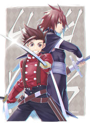 Rule 34 | 2boys, bad tag, brown eyes, brown hair, dual wielding, gloves, grin, highres, holding, jacket, kratos aurion, lloyd irving, looking at viewer, multiple boys, purple gloves, red gloves, red jacket, simple background, smile, spiked hair, sword, tales of (series), tales of symphonia, thick eyebrows, tktg, weapon, wide-eyed
