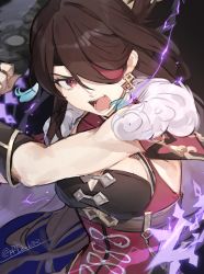 Rule 34 | 1girl, beidou (genshin impact), breasts, brown hair, commentary request, earrings, electricity, eyepatch, genshin impact, highres, holding, holding sword, holding weapon, incoming attack, jewelry, long hair, looking at viewer, open mouth, red eyes, solo, sword, type-alpha, weapon