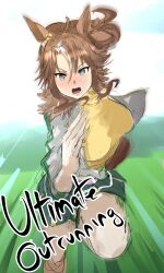 Rule 34 | 1girl, absurdres, animal ears, aqua eyes, belt, breasts, brown hair, clenched hand, commentary request, cowboy shot, dizuit plus, fingerless gloves, gloves, grass, highres, horse ears, horse girl, jacket, jewelry, long hair, long sleeves, looking at viewer, medium breasts, mejiro palmer (umamusume), midriff, multicolored hair, navel, necklace, pink belt, running, shirt, simple background, single fingerless glove, smile, solo, streaked hair, thighs, umamusume, white background, white gloves, white hair, yellow shirt
