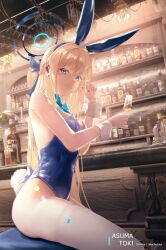 Rule 34 | 1girl, absurdres, animal ears, aqua bow, aqua bowtie, bar (place), blonde hair, blue archive, blue eyes, blue hairband, blue leotard, bow, bowtie, breasts, closed mouth, cup, detached collar, fake animal ears, fake tail, hairband, halo, highres, holding, holding cup, indoors, leotard, long hair, looking at viewer, medium breasts, mifachu (1064317697), official alternate costume, playboy bunny, rabbit ears, rabbit tail, sitting, smile, solo, strapless, strapless leotard, tail, thighhighs, toki (blue archive), toki (bunny) (blue archive), white thighhighs, white wrist cuffs, wrist cuffs