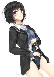Rule 34 | 1girl, :|, amagami, black hair, blazer, blush, closed mouth, clothes lift, competition swimsuit, covered navel, dutch angle, gluteal fold, jacket, lifted by self, nanasaki ai, no pants, noir2more, one-piece swimsuit, purple eyes, shirt lift, short hair, simple background, solo, standing, swimsuit, swimsuit under clothes, thighs, uniform, wedgie, white background