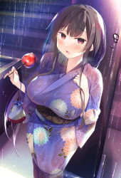 Rule 34 | 1girl, black hair, blue kimono, blush, breasts, brown hair, candy apple, commentary request, floral print, food, hand on own chest, hands up, hirari, holding, holding weapon, japanese clothes, kimono, large breasts, long hair, looking at viewer, mole, mole under eye, obi, open mouth, original, outdoors, print kimono, rain, sash, solo, standing, very long hair, weapon, wide sleeves, yukata
