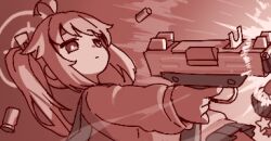 Rule 34 | 1girl, ahoge, blue archive, casing ejection, closed mouth, cowboy shot, dutch angle, expressionless, firing, gun, halo, holding, holding gun, holding weapon, long hair, long sleeves, looking down, lowres, maibotsumou, micro uzi, monochrome, muzzle flash, natsu (blue archive), oekaki, pleated skirt, red theme, school uniform, serafuku, shell casing, side ponytail, sidelocks, sideways, skirt, solo, standing, weapon