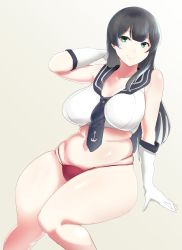 Rule 34 | 10s, 1girl, absurdres, agano (kancolle), aqua eyes, arm behind head, arm support, between breasts, black hair, breasts, closed mouth, collarbone, elbow gloves, fat rolls, gloves, grey background, highres, hometa, kantai collection, large breasts, long hair, looking at viewer, necktie, necktie between breasts, panties, plump, red panties, sailor collar, simple background, sitting, skindentation, smile, solo, underwear, white gloves